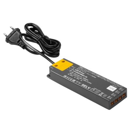 Transformatoare LED - Transformator Easy Click GTV pentru bandă LED, 15W, 12V, IP20, 4 ieșiri Mini AMP, cablu 1,5 m