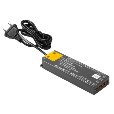 Transformatoare LED - Transformator Easy Click GTV pentru bandă LED, 20W, 12V, IP20, 4 ieșiri Mini AMP, cablu 1,5 m