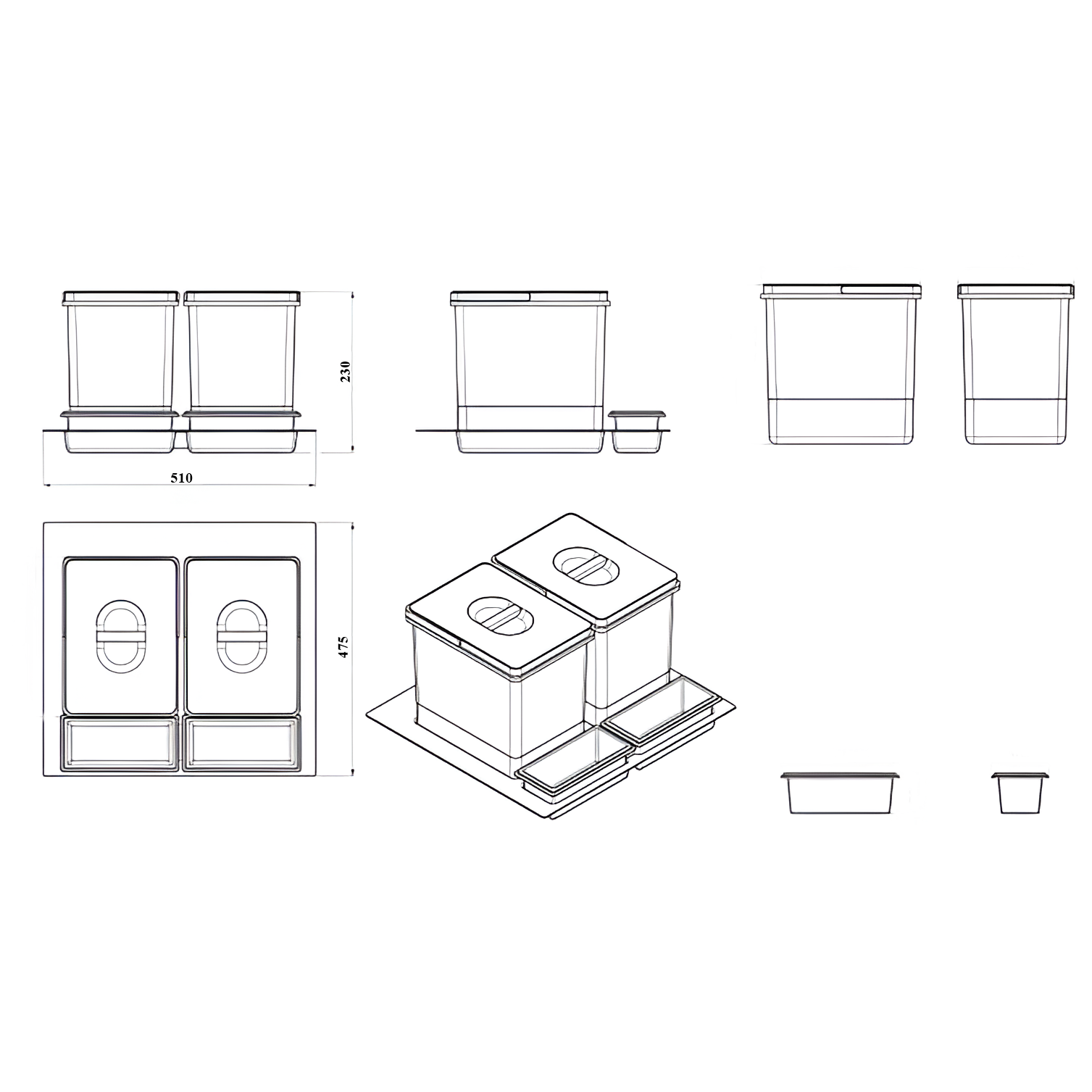 Praktico Orion - Coș de gunoi încorporabil în sertar, colectare selectivă, 2 recipiente, pentru corp de 600 mm, H: 230 mm [5]