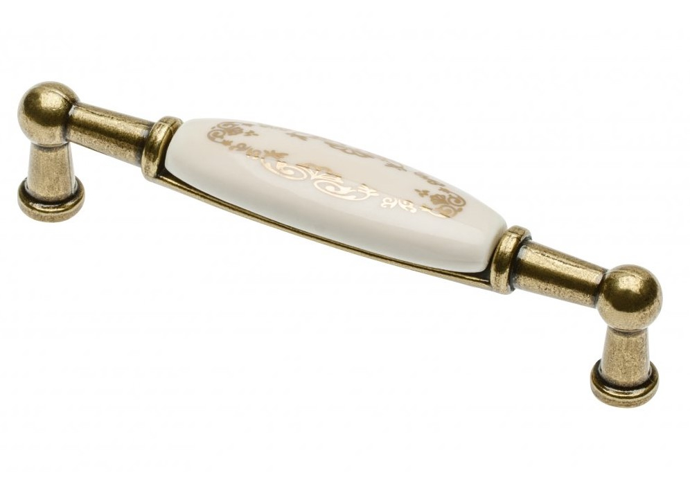 Maner vintage cu insertie ceramica si ornament, finisaj auriu antichizat GT, L:106 mm [1]