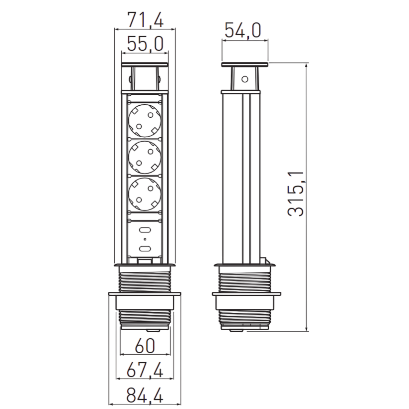 Priză încorporabilă în blat GTV Elevator, 3 prize Schuko, 2 x USB A, negru, D:60 mm [2]