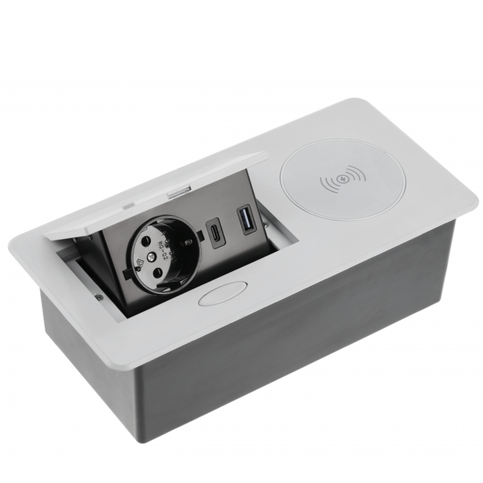 Priză încorporabilă în blat GTV Avaro Plus, încărcător wireless 5W, 1 priză Schuko, USB A + C, aluminiu [1]
