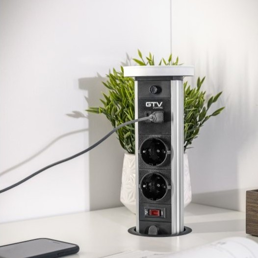 Priză încorporabilă în blat GTV Camino, încărcător wireless 10W, 2 prize Schuko, USB A + C, alb, D:80 mm [6]