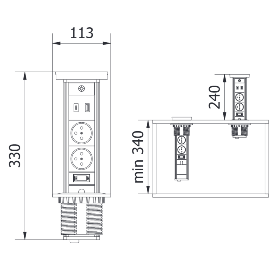 Priză încorporabilă în blat GTV Camino, încărcător wireless 10W, 2 prize Schuko, USB A + C, alb, D:80 mm [10]