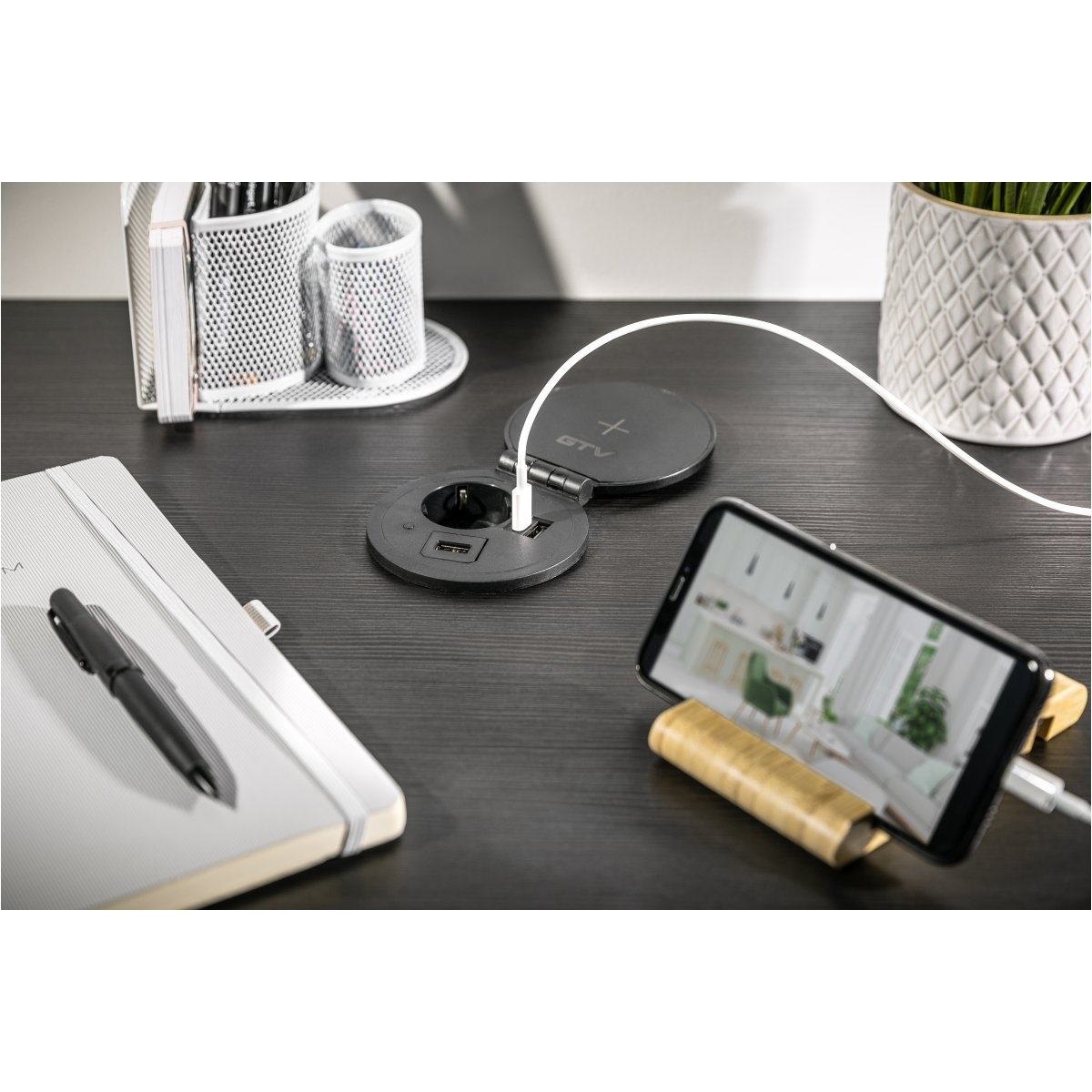 Priză încorporabilă în blat GTV Charger Plus, încărcător wireless 5W, 1 priză Schuko, USB A + C, HDMI, RJ45, alb, D:80 mm [5]
