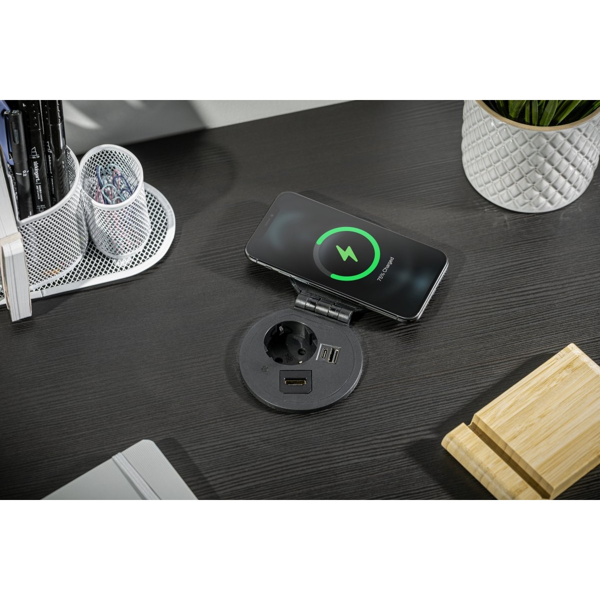Priză încorporabilă în blat GTV Charger Plus, încărcător wireless 5W, 1 priză Schuko, USB A + C, HDMI, RJ45, negru, D:80 mm [3]