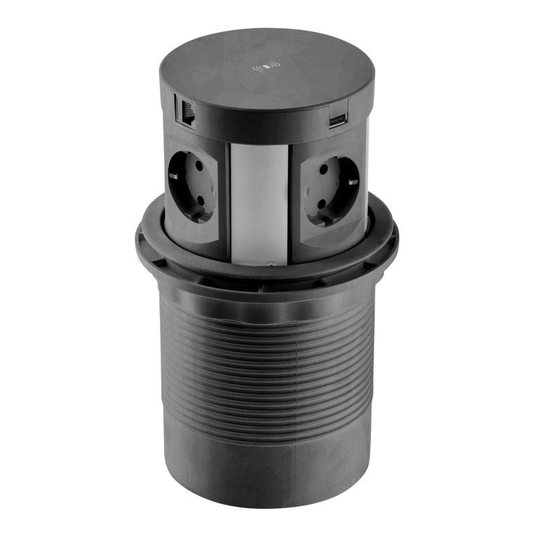 Comfort Plus GTV - Priză încorporabilă în blat, încărcător wireless 5W, 4 prize Schuko, 2 x USB A, 2 x RJ45, negru, D: 120 mm [1]