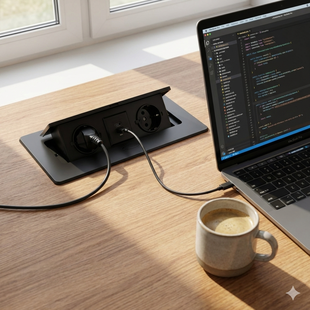 Kombibox – Priză încorporabilă în blat dreptunghiulară, cu 2 prize Schuko, 2 porturi USB A + C și încărcător încorporat, finisaj negru, 266 × 133 mm [3]