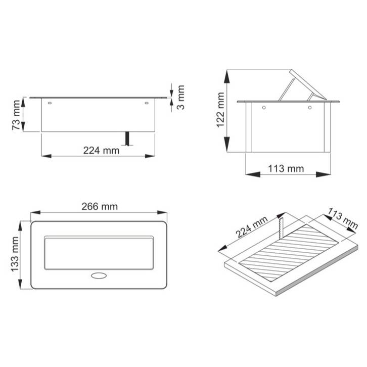 Kombibox – Priză încorporabilă în blat dreptunghiulară, cu 2 prize Schuko, 2 porturi USB A + C și încărcător încorporat, finisaj negru, 266 × 133 mm [5]