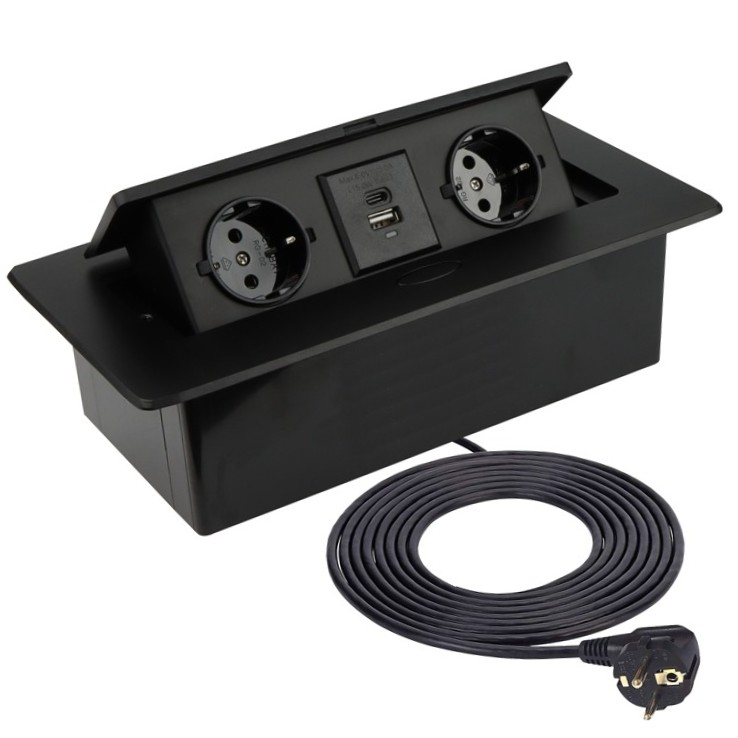 Kombibox – Priză încorporabilă în blat dreptunghiulară, cu 2 prize Schuko, 2 porturi USB A + C și încărcător încorporat, finisaj negru, 266 × 133 mm [1]