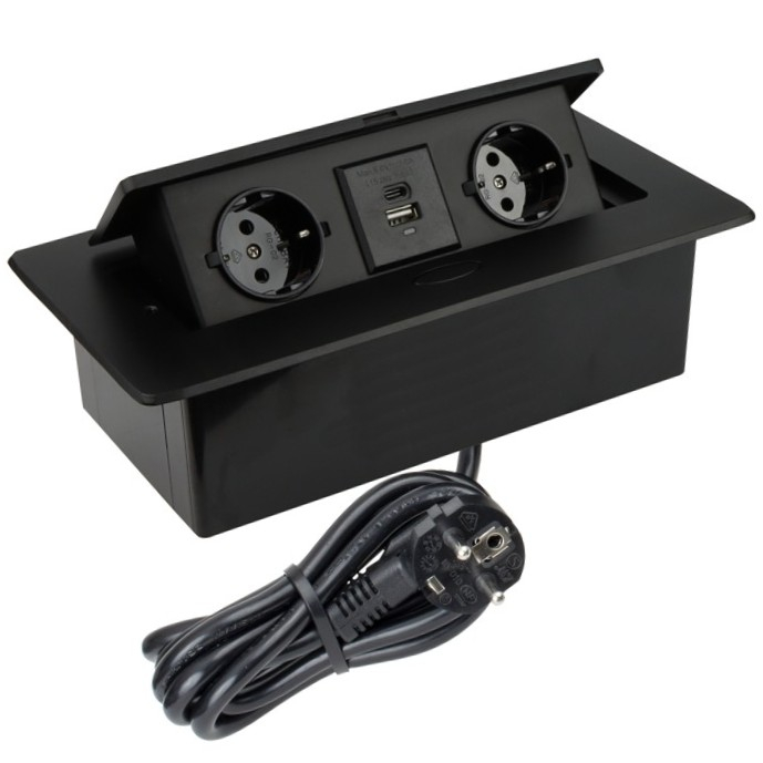 Kombibox – Priză încorporabilă în blat dreptunghiulară, cu 2 prize Schuko, 2 porturi USB A + C și încărcător încorporat, finisaj negru, 266 × 133 mm [6]