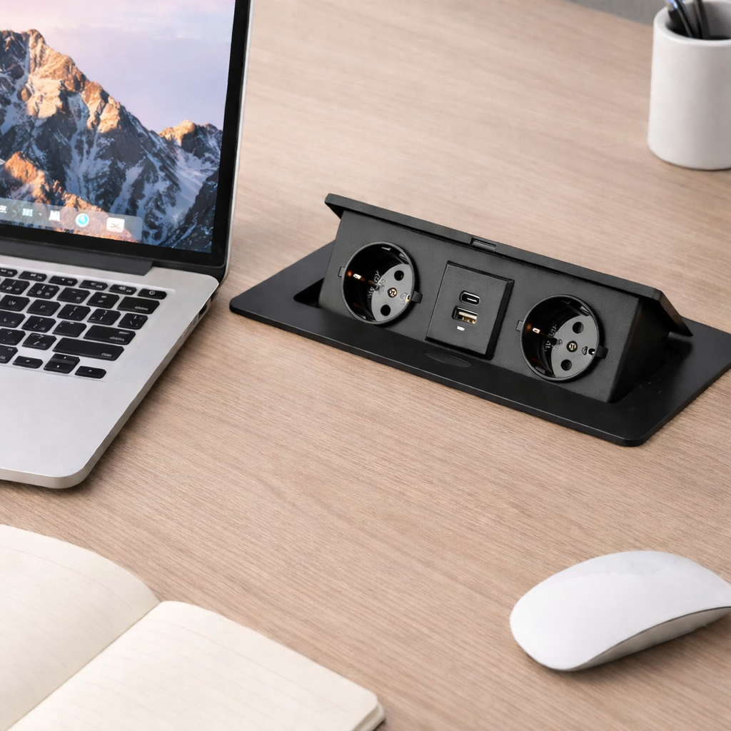 Kombibox – Priză încorporabilă în blat dreptunghiulară, cu 2 prize Schuko, 2 porturi USB A + C și încărcător încorporat, finisaj negru, 266 × 133 mm [4]