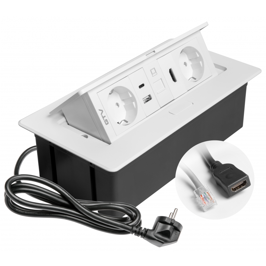 Multi Soft - Priza incorporabila in blat, cu 2 prize Schuko, 2 porturi incarcare USB tip A + C, 1 port HDMI si 1 port RJ45, finisaj alb [8]