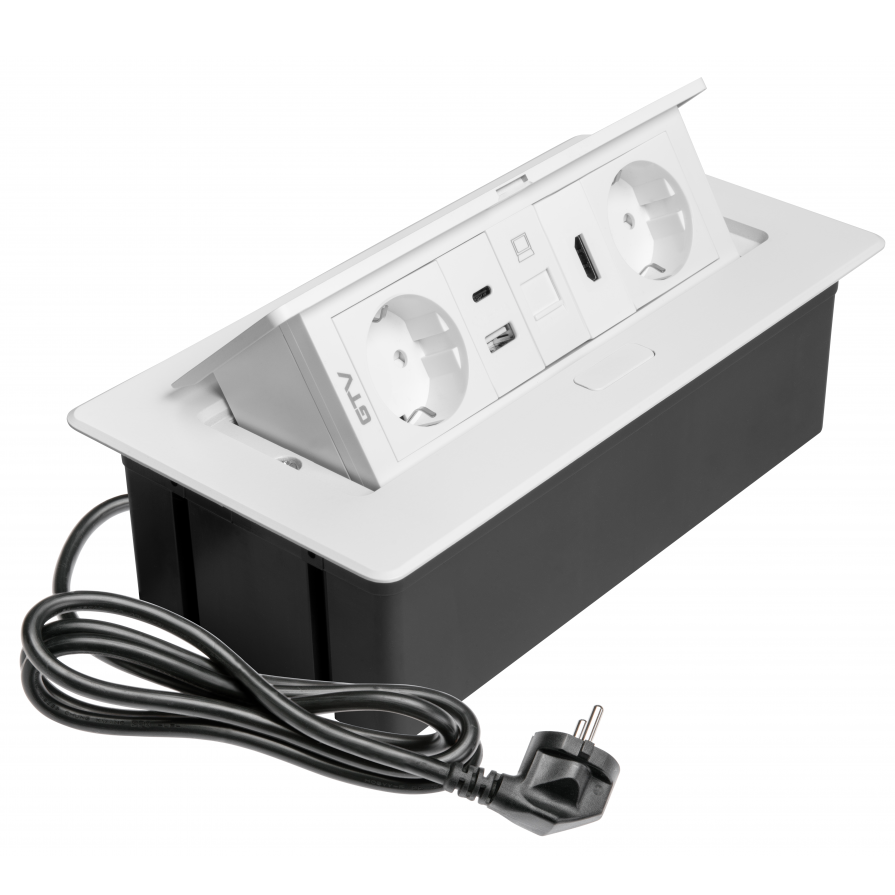 Multi Soft - Priza incorporabila in blat, cu 2 prize Schuko, 2 porturi incarcare USB tip A + C, 1 port HDMI si 1 port RJ45, finisaj alb [1]