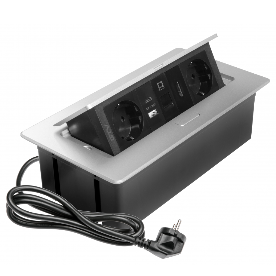 Multi Soft - Priza incorporabila in blat, cu 2 prize Schuko, 2 porturi incarcare USB tip A + C, 1 port HDMI si 1 port RJ45, finisaj aluminiu [1]