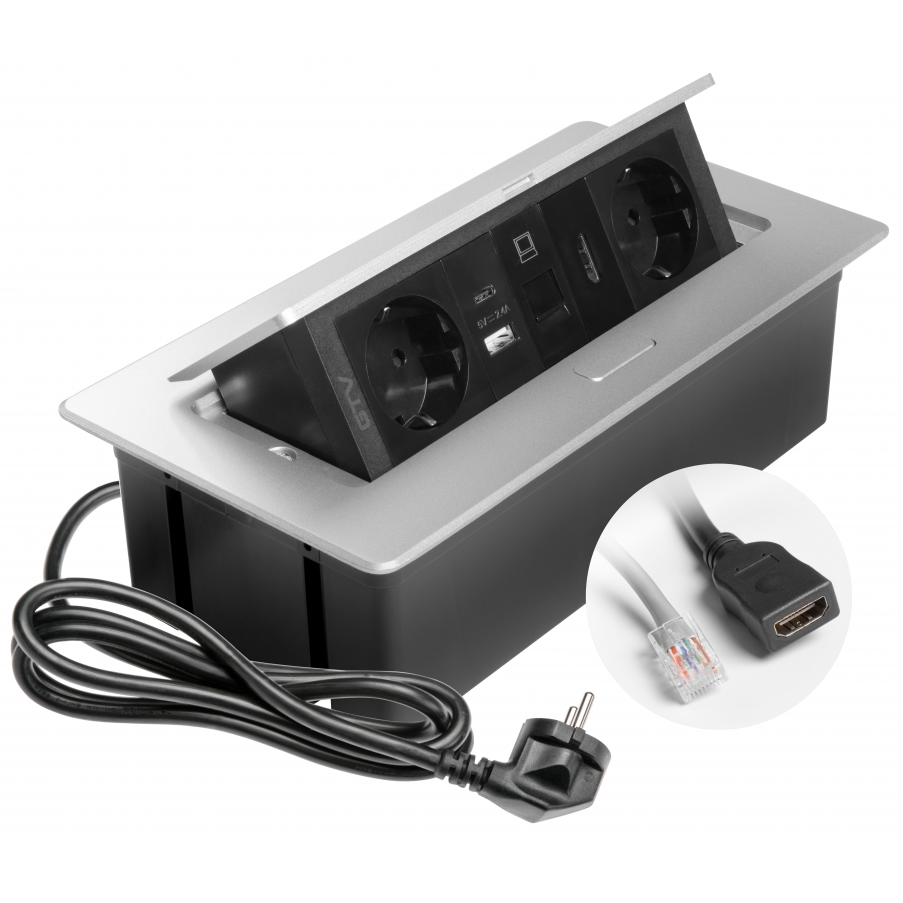 Multi Soft - Priza incorporabila in blat, cu 2 prize Schuko, 2 porturi incarcare USB tip A + C, 1 port HDMI si 1 port RJ45, finisaj aluminiu [8]