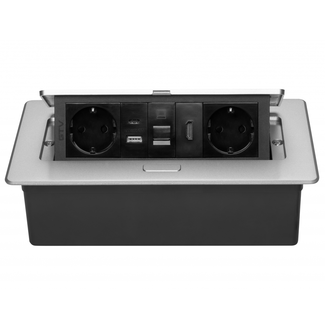 Multi Soft - Priza incorporabila in blat, cu 2 prize Schuko, 2 porturi incarcare USB tip A + C, 1 port HDMI si 1 port RJ45, finisaj aluminiu [5]