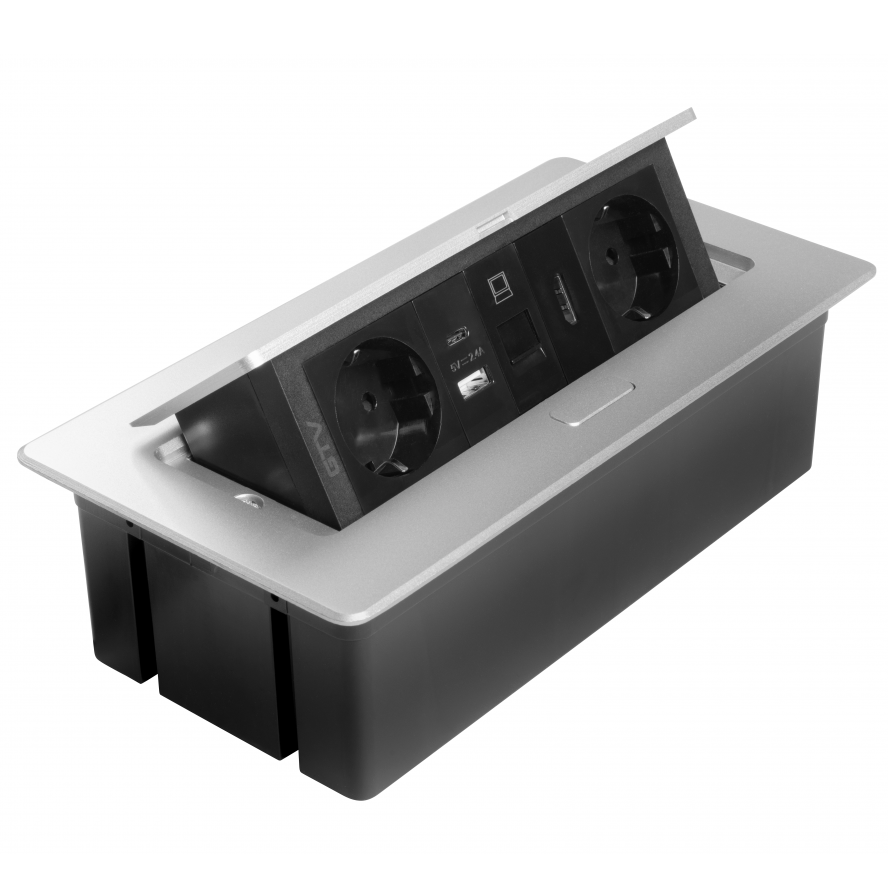 Multi Soft - Priza incorporabila in blat, cu 2 prize Schuko, 2 porturi incarcare USB tip A + C, 1 port HDMI si 1 port RJ45, finisaj aluminiu [6]