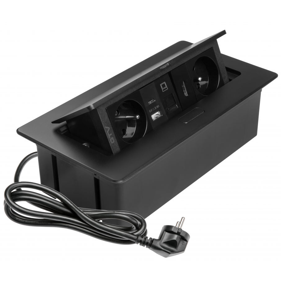 Multi Soft – Priză încorporabilă în blat, cu 2 prize Schuko, USB A + C, HDMI și RJ45, finisaj negru [1]