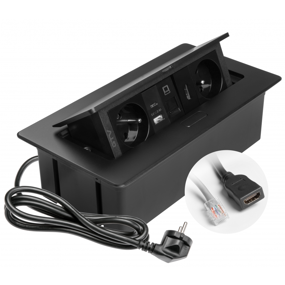 Multi Soft – Priză încorporabilă în blat, cu 2 prize Schuko, USB A + C, HDMI și RJ45, finisaj negru [8]