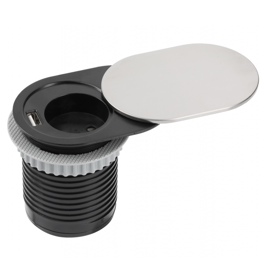 Slide – Priză încorporabilă în blat, cu priză Schuko și port de încărcare USB tip A, finisaj oțel inoxidabil [1]