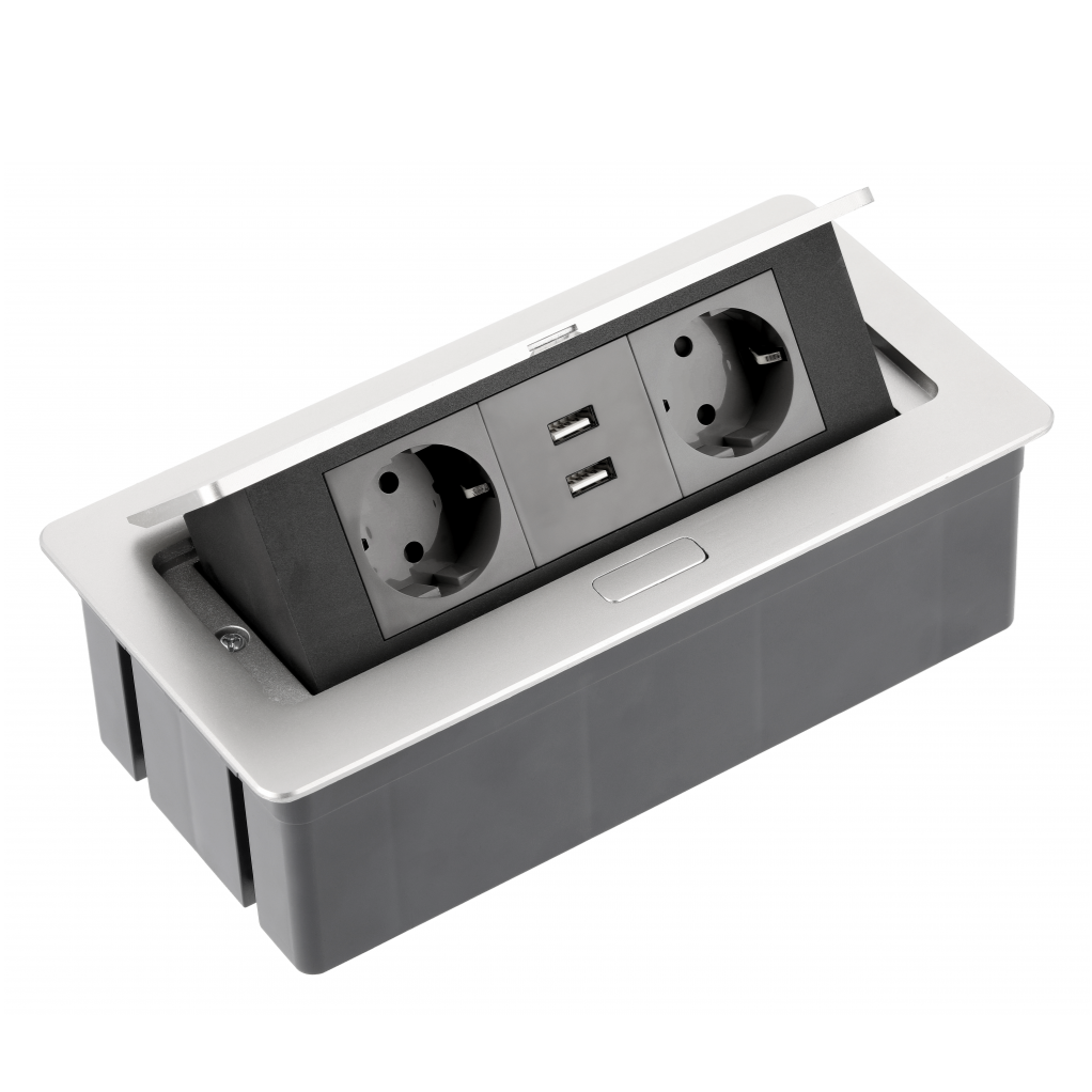 Soft – Priză încorporabilă în blat, cu 2 prize Schuko și 2 porturi de încărcare USB tip A, finisaj aluminiu [1]