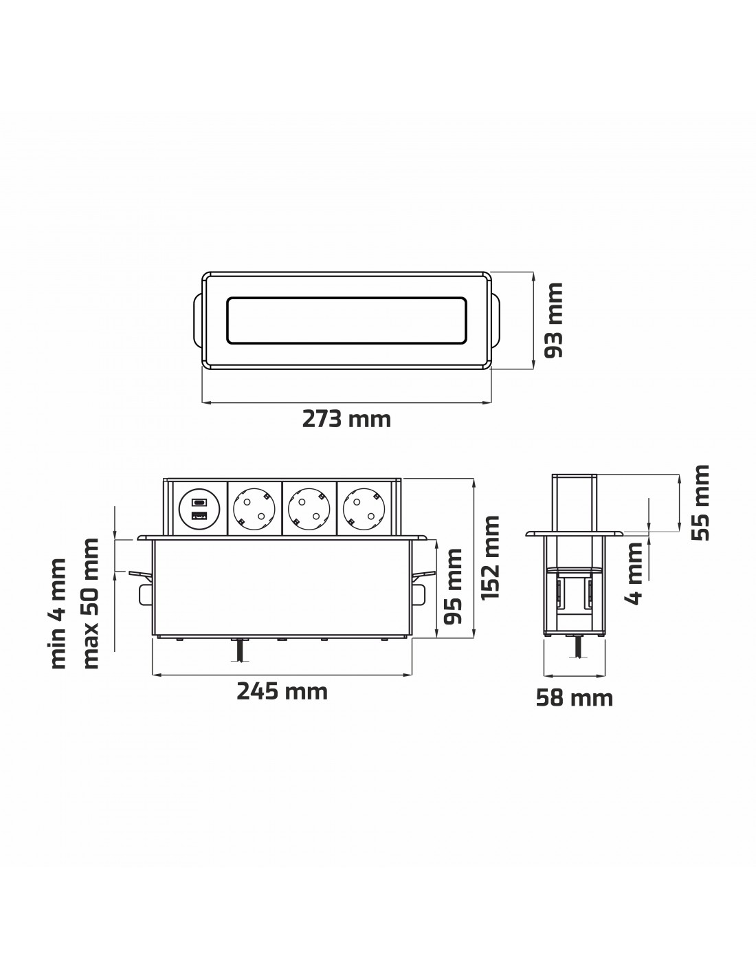 Hop Box – Priză încorporabilă pop-up, cu 3 prize Schuko, USB tip A + C, finisaj inox periat / negru [7]