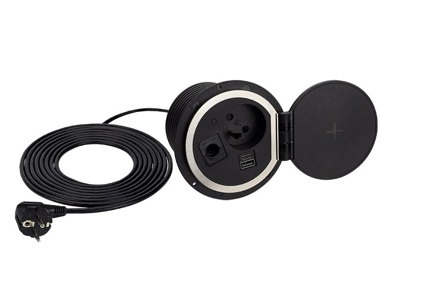 Sambo Box – Priză încorporabilă cu încărcător wireless, 1 priză Schuko, USB tip A + C, finisaj negru [1]