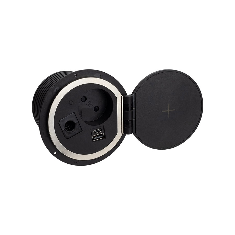 Sambo Box – Priză încorporabilă cu încărcător wireless, 1 priză Schuko, USB tip A + C, finisaj negru [2]