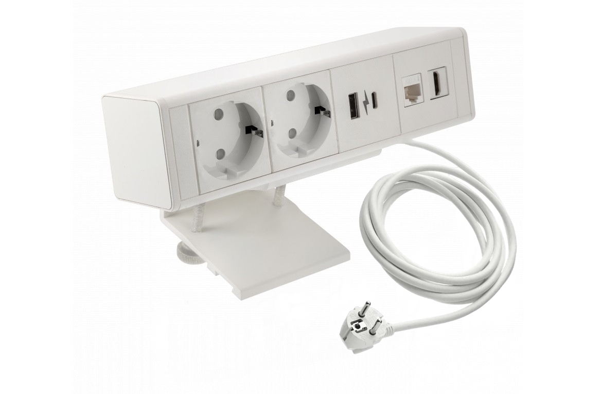 Bar – Priză pentru birou, cu 2 prize Schuko, HDMI, RJ45, USB tip A + C, finisaj alb [1]