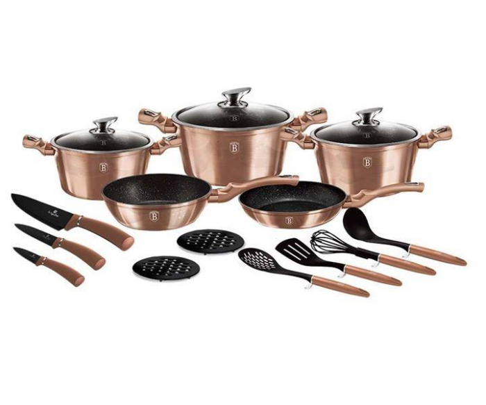 Set Oale Si Tigai Marmorate Cu Capac 17 Piese Antiaderente Rose Gold