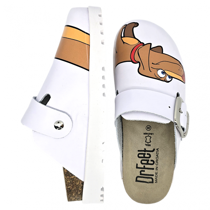 16202 -es női Dr Feet bőr papucs - fehér "Spirit a kutya" mintás [4]