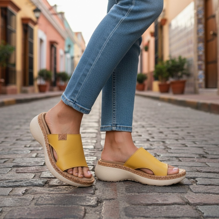 21005 -ös női Dr Feet bőr papucs - mustár sárga [4]