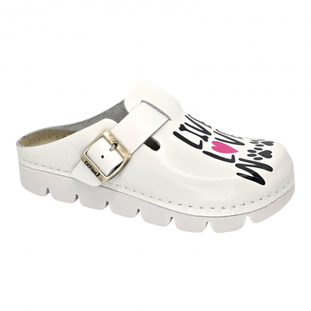 Orvosi bőr klumpa - 1100 -as női Dr Feet bőr papucs - fehér - Live, love,woof