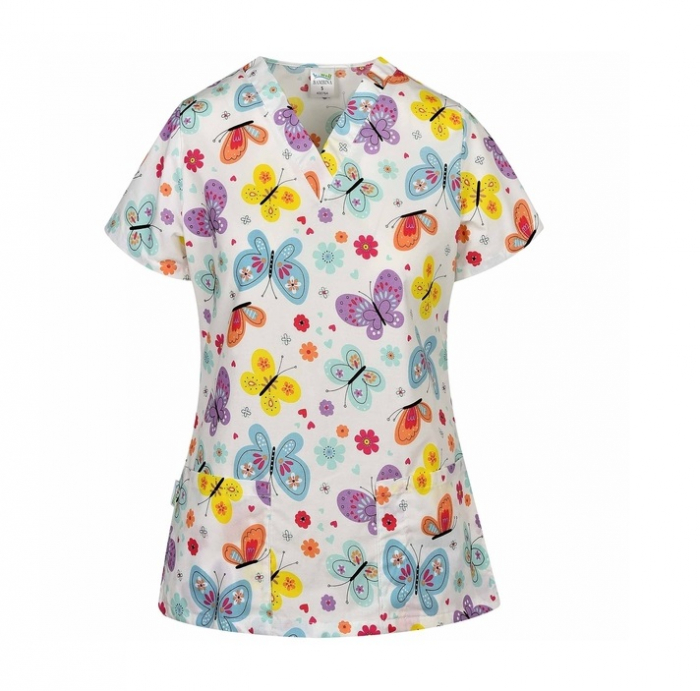 Bluza medicala alba cu fluturi si floricele [2]