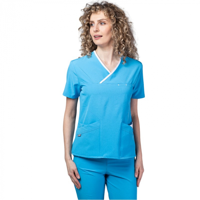 Costum medical Onyx dama - turcoaz cu paspol alb [2]