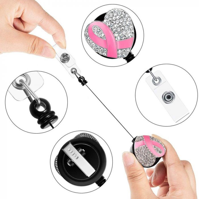 Ecuson retractabil "Rhinstone Pink Ribbon Heart" [2]