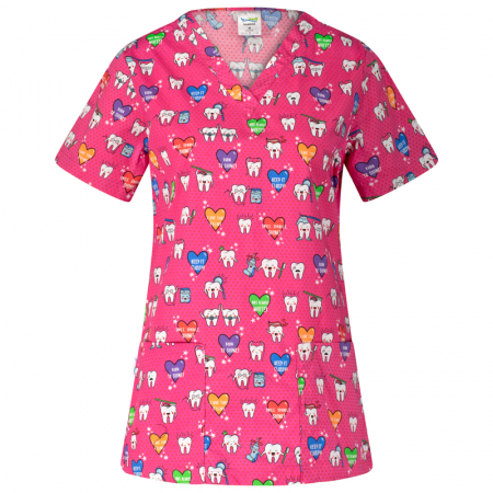 Halate Damă cu imprimeu - Bluza medicala roz cu dintisori