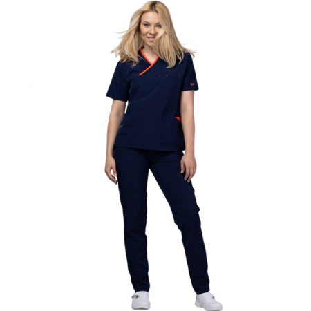 Uniforme și halate medicală - Costum medical Onyx dama - bleumarin cu paspol portocaliu