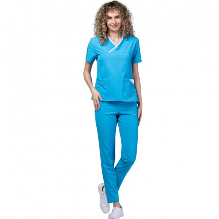 Costum medical Onyx dama - turcoaz cu paspol alb [2]