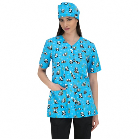 Halate Damă - Halat medical albastru cu panda - cu capse