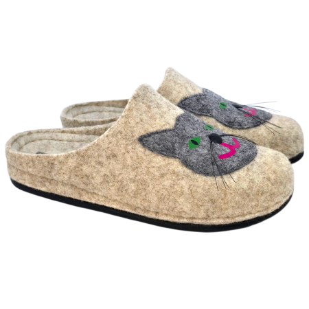 Papuci de casa Dr Feet 104 bej cu pisica - dama [1]