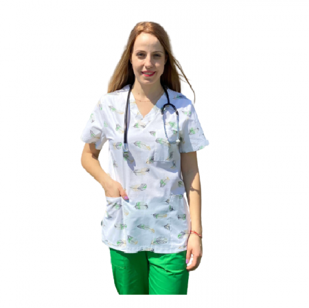 Halate Damă cu imprimeu - Bluza medicala alba cu pene