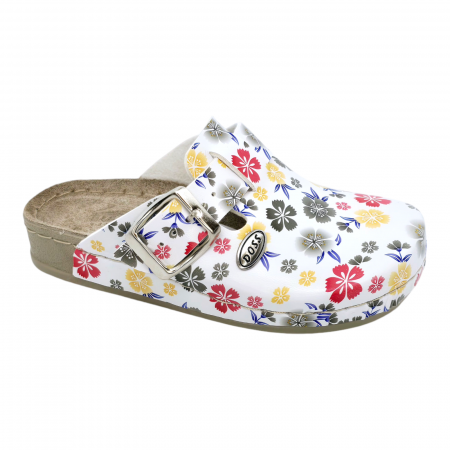 ÎNCĂLȚAMINTE COPII - sandale și papuci - Saboti Doss 1294 alb cu floricele verde/galben - fetite