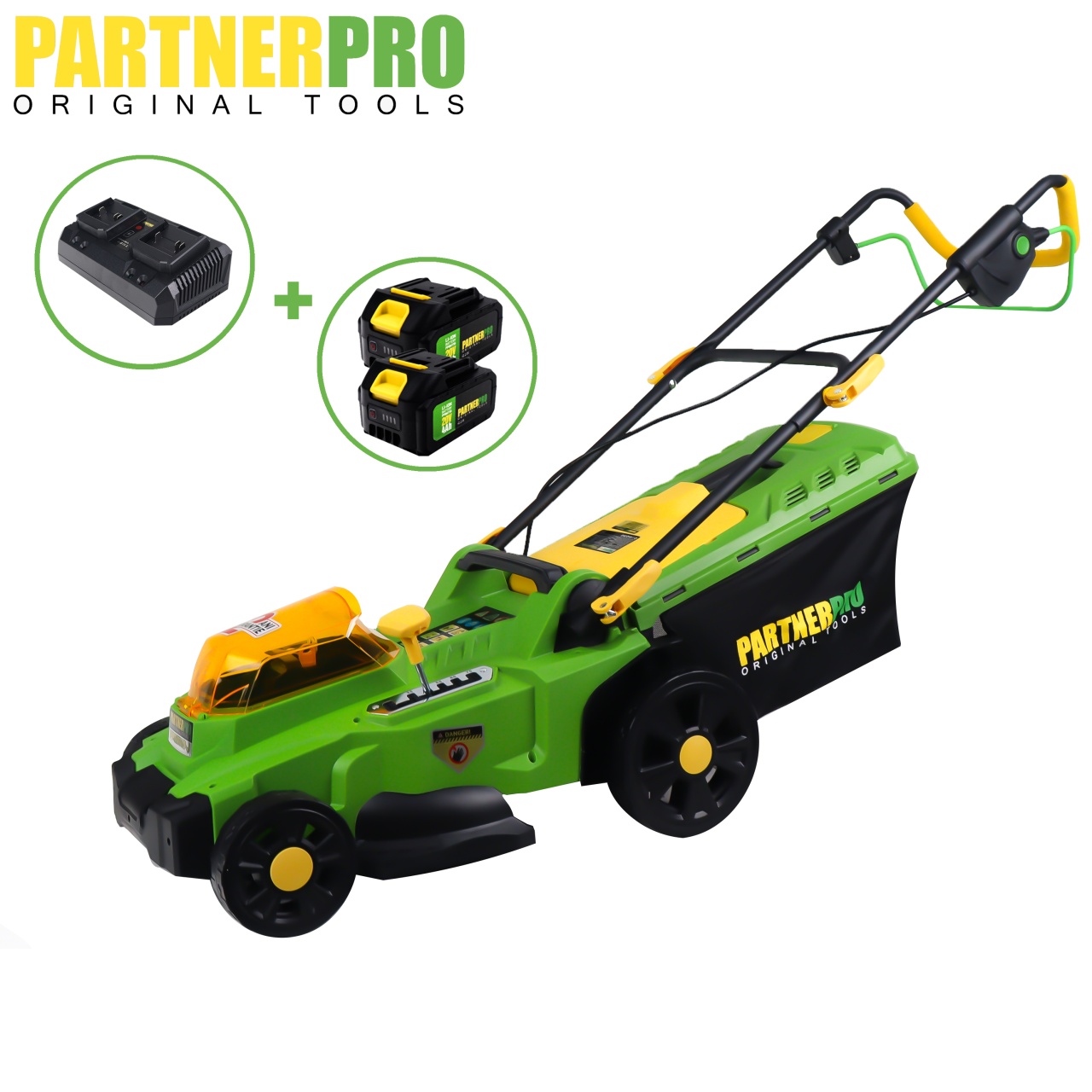 Masini de tuns iarba - Masina de tuns gazon pe acumulator PARTNERPRO PP8A110-J , 2x20V 4Ah, 1 incarcator dublu, 3300 rpm , 35 L