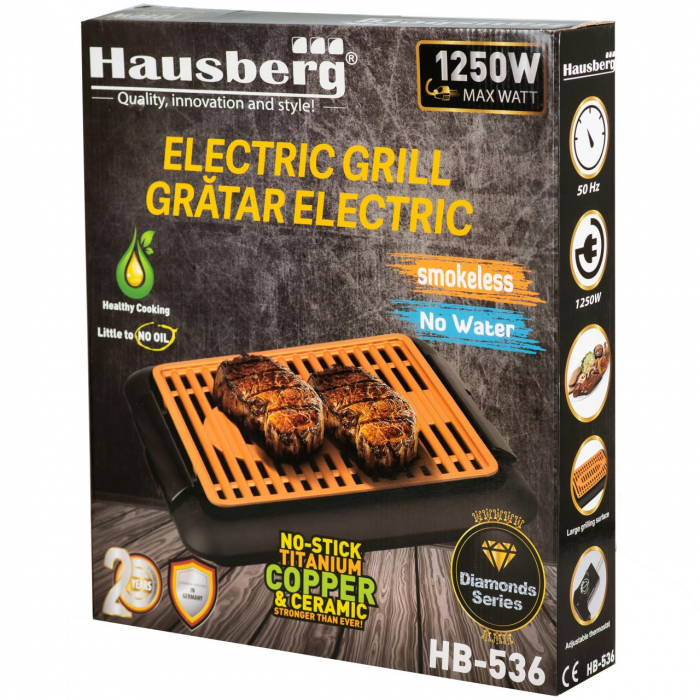 Gratar electric Hausberg HB536, 1250W, 40x36x7.5cm, fara fum, Negru/Maro [7]