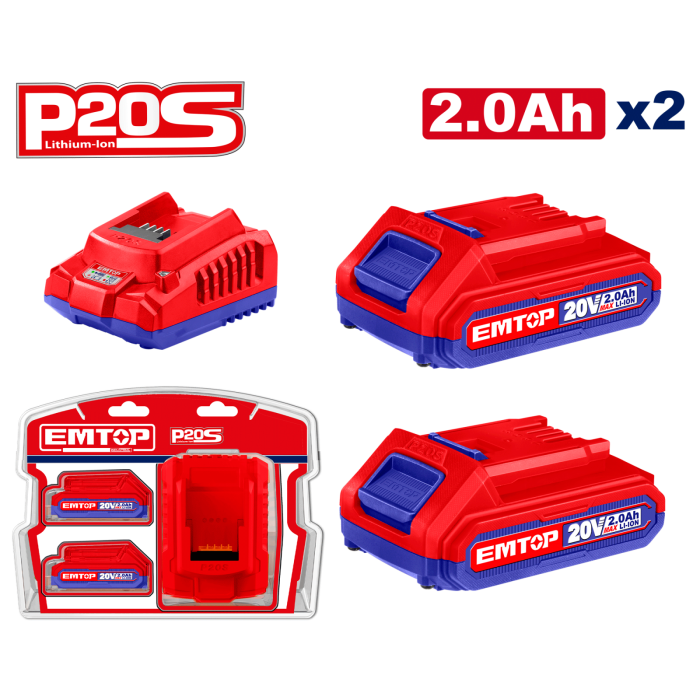2 x Acumulatori 2.0Ah litiu-ion si incarcator, P20S - ELBCPK1222, EMTOP