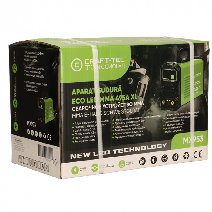 Aparat de sudura Craft-Tec ECO LED MMA 495A XL, 495A, cablu sudura 3m, functie anti-lipire, protectie la suprasarcina, Accesorii incluse [7]