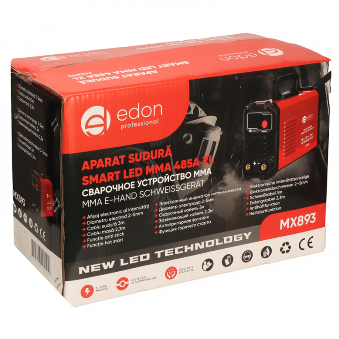 Aparat de sudura Edon SMART LED MMA 485A XL, 485A, cablu sudura 3m, diam.electrozi 1.6-5mm, functie anti-lipire [9]