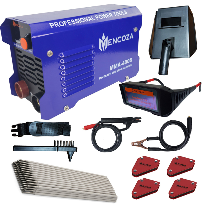 Pachet Aparat de sudura tip invertor Mencoza MMA 400S, 400Ah, Ochelari automati, 4 suporti magnetici, 1 kg electrozi, anti-lipire, protectie anti-incalzire, afisaj, electrozi 1.6-5mm, toate accesorii